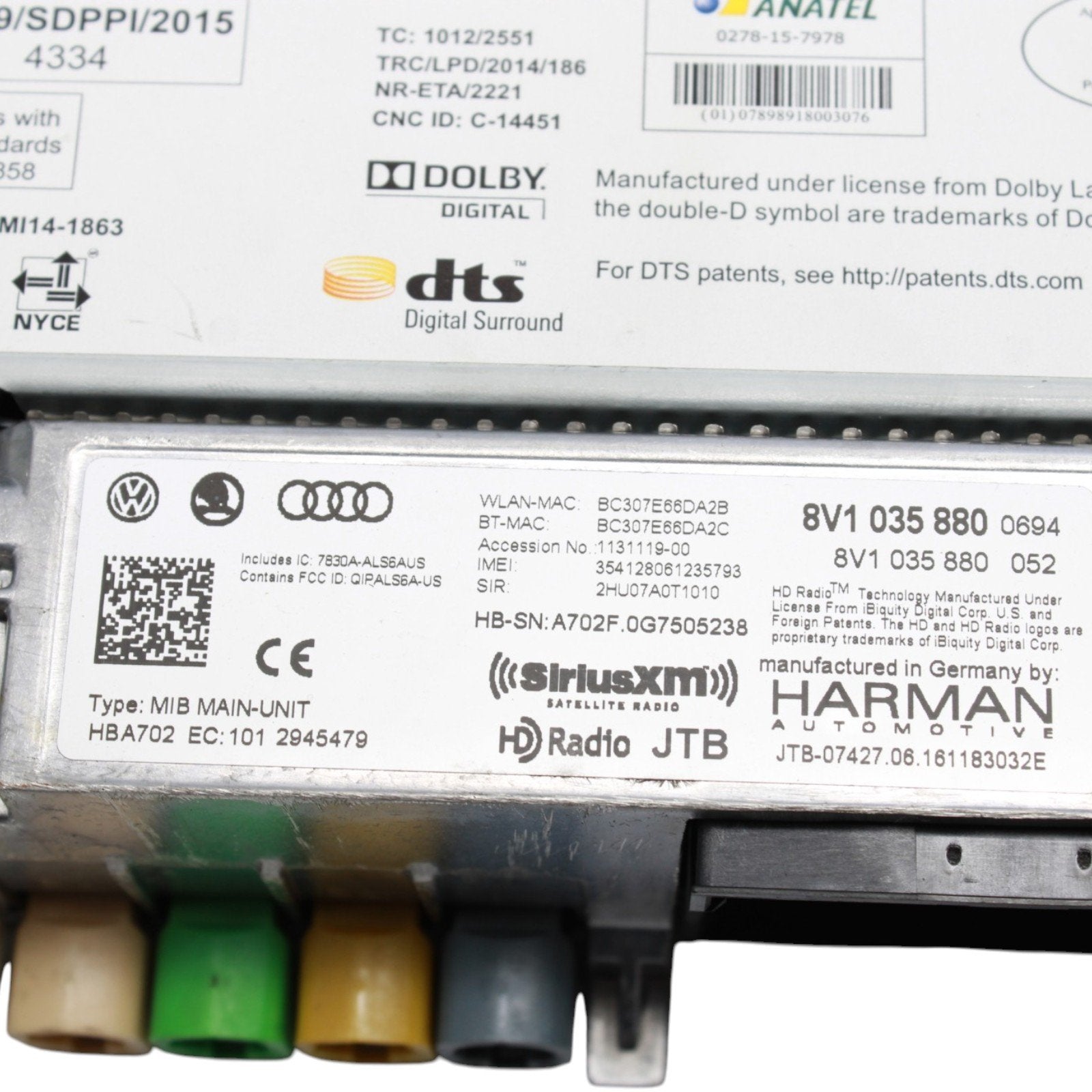 2017-2020 Audi A3 S3 RS3 Navigation Radio Module MMI MIB2 Unit 8V1035880